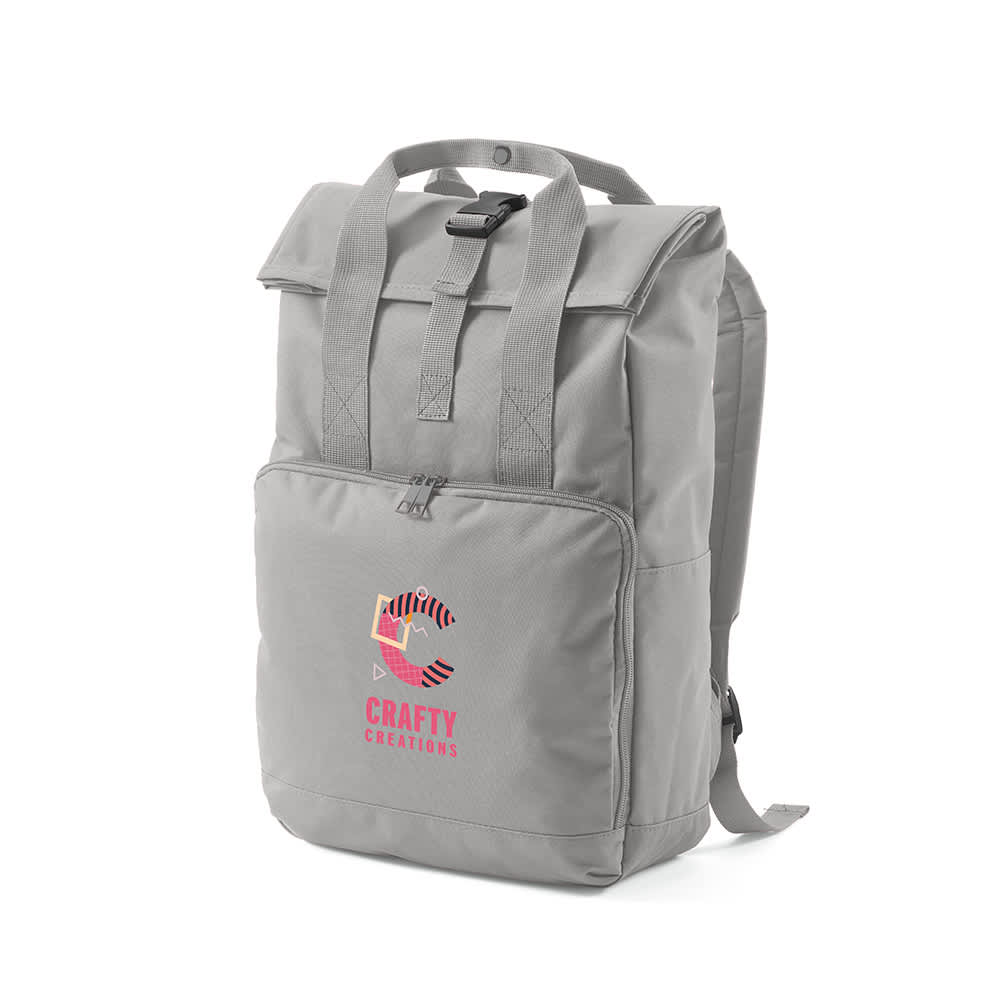 A grey roll-top backpack with a buckle closure and front zip pocket, featuring a logo.