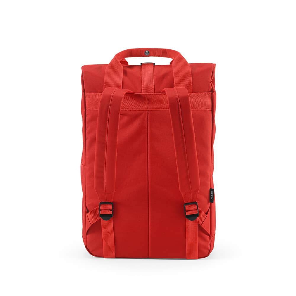 A red backpack with a roll top and buckle closure, featuring adjustable straps and a branding logo.