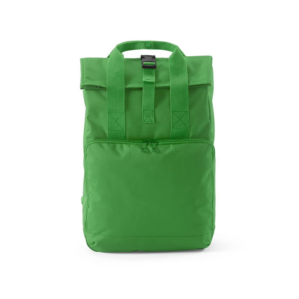 A green backpack with a roll top and buckle closure, featuring front zip pocket and dual straps. It has branding.
