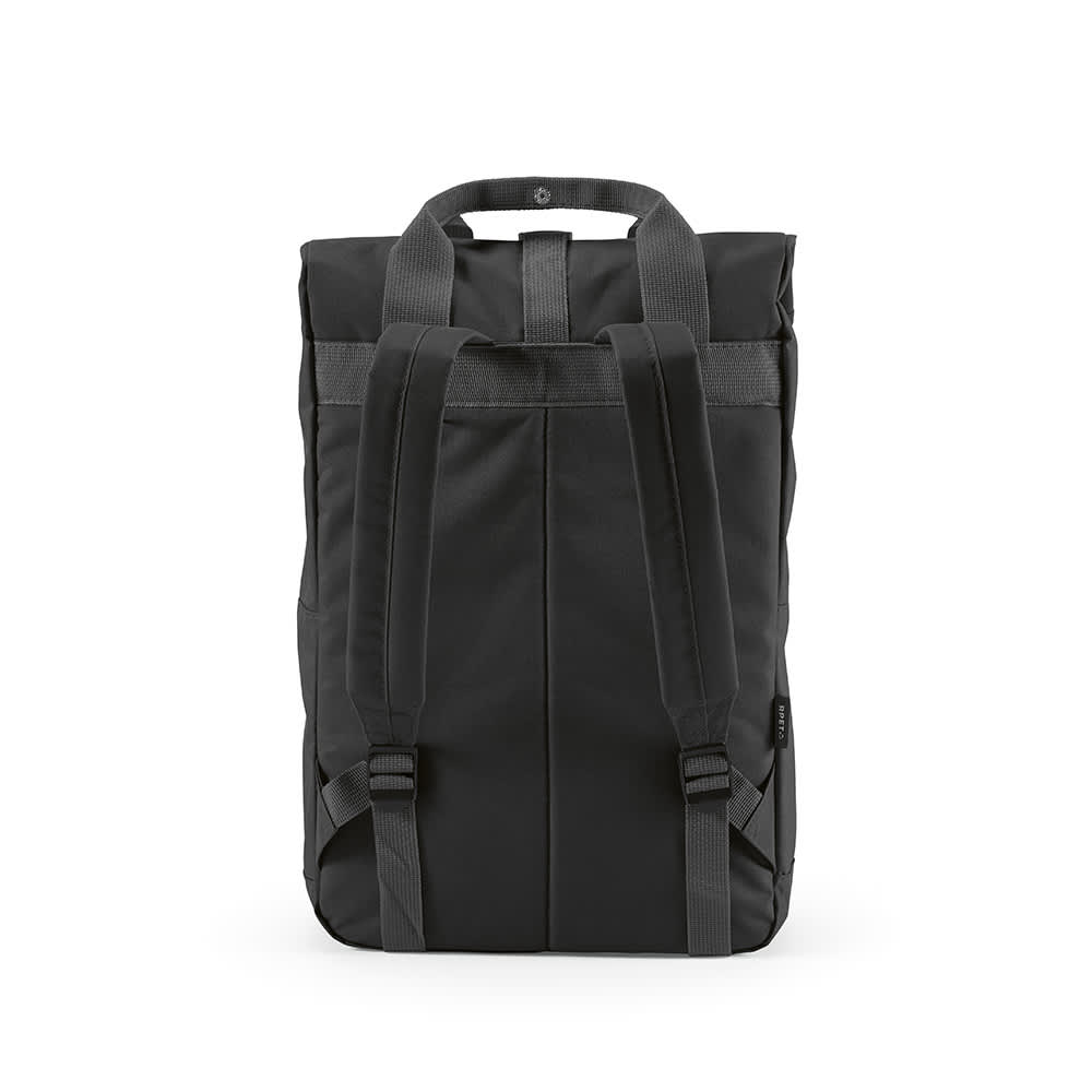 A black backpack featuring a roll top and buckle closure, with adjustable straps and a logo.
