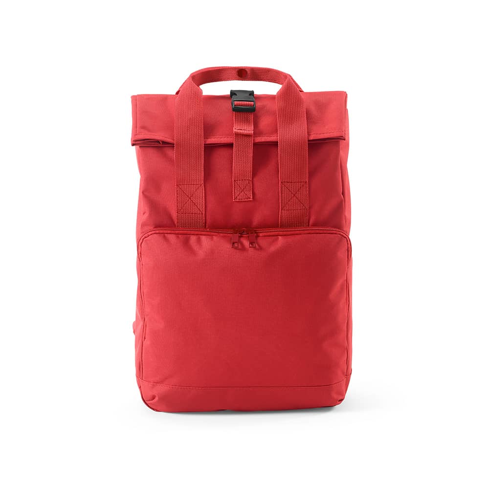 A red backpack featuring a roll top, buckle closure, and front zip pocket. It has a logo on the front.