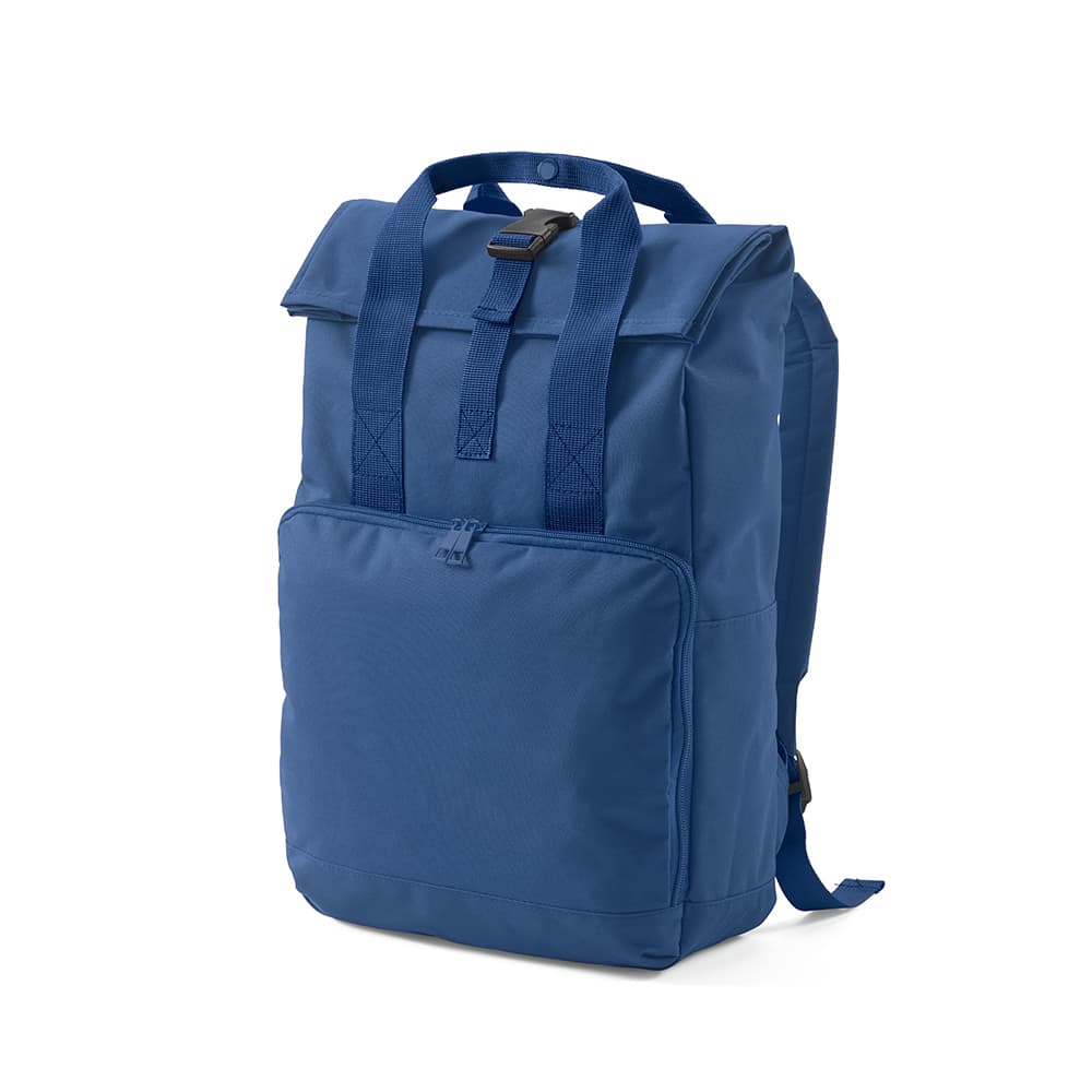 A blue roll top backpack with a buckle closure and a front zippered pocket. It has two shoulder straps and a logo.