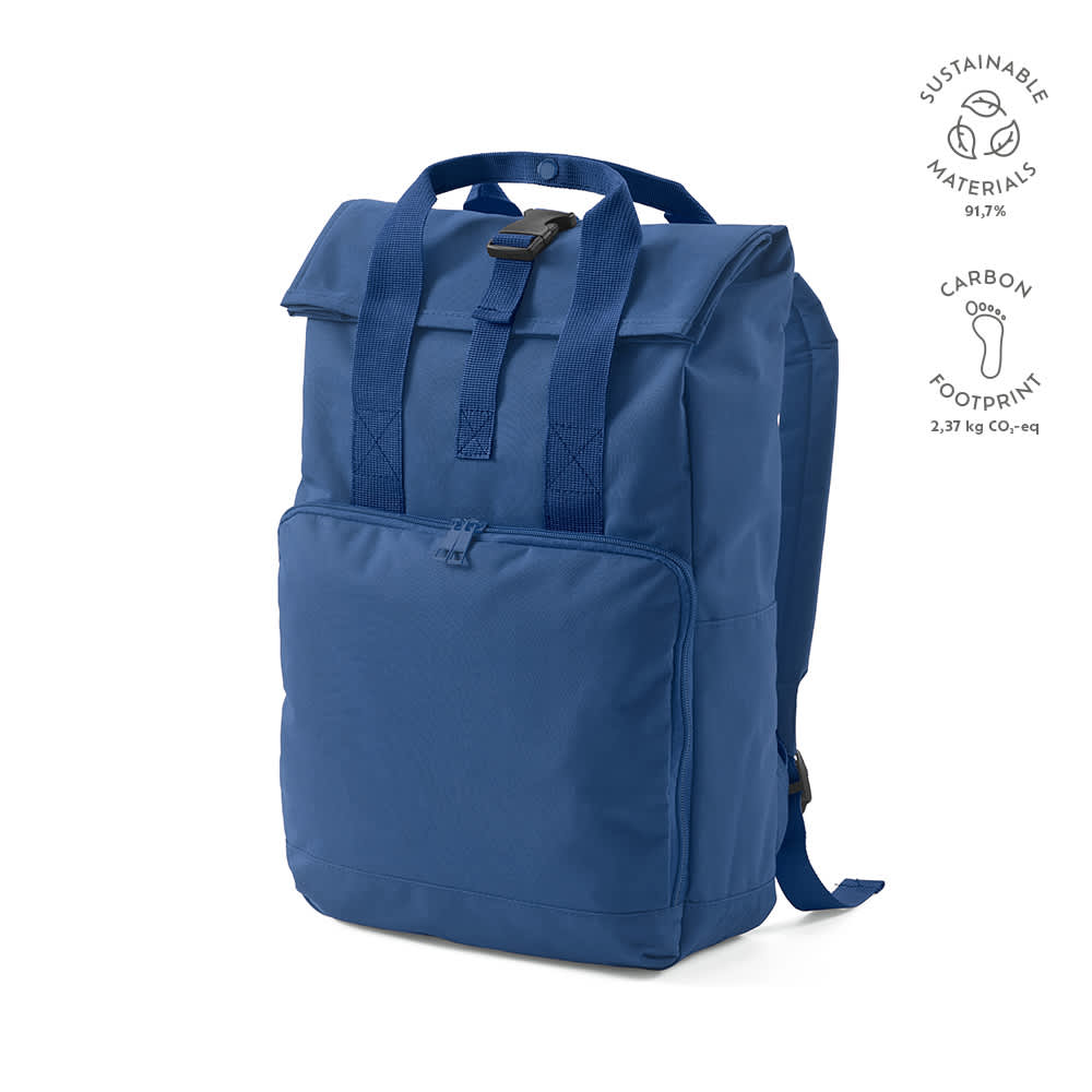 A blue Warsaw Backpack featuring a roll top, buckle closure, and a front pocket. Includes a logo.
