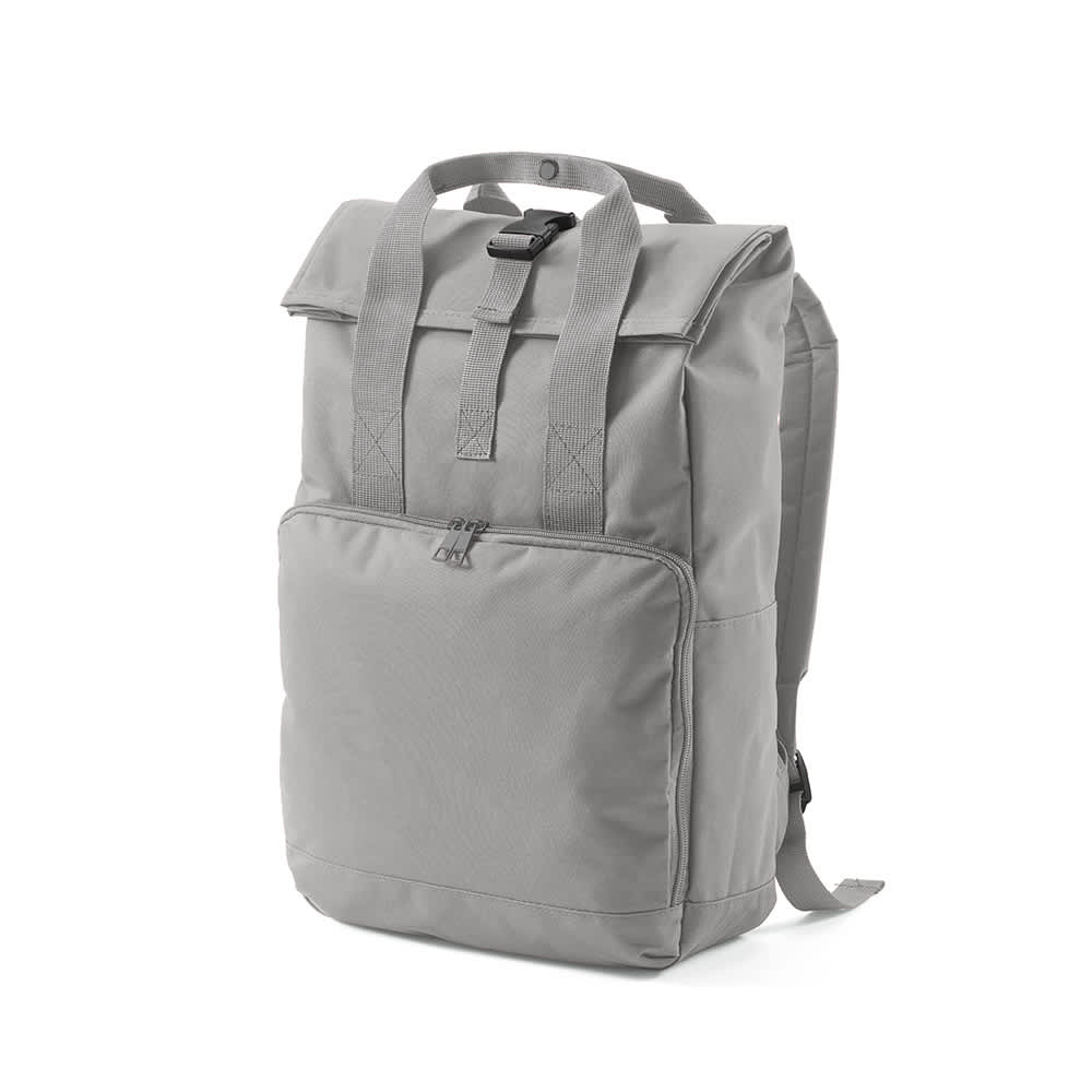 A grey backpack featuring a roll top, buckle closure, and a front zip pocket. It has a logo on the surface.