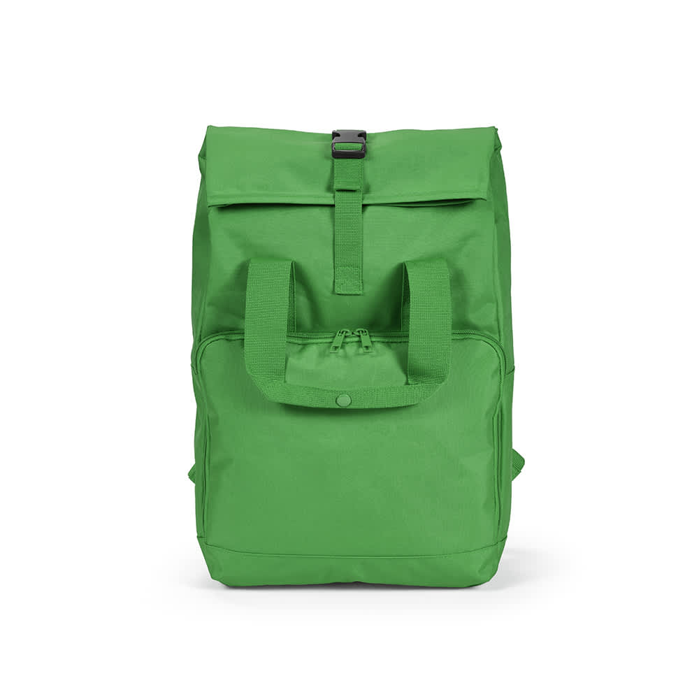 A green backpack featuring a roll top, buckle closure, and a front zip pocket. It has a logo.