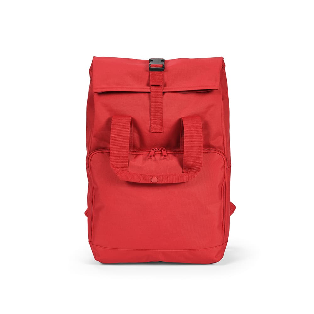 A red backpack featuring a roll top, buckle closure, and a front zip pocket. It includes branding on the surface.