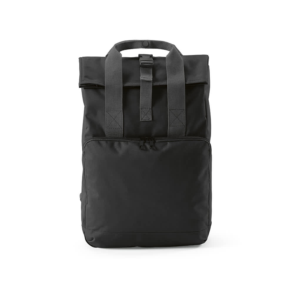 A black backpack with a roll top, buckle closure, and grey straps. It features a front zippered compartment and a logo.