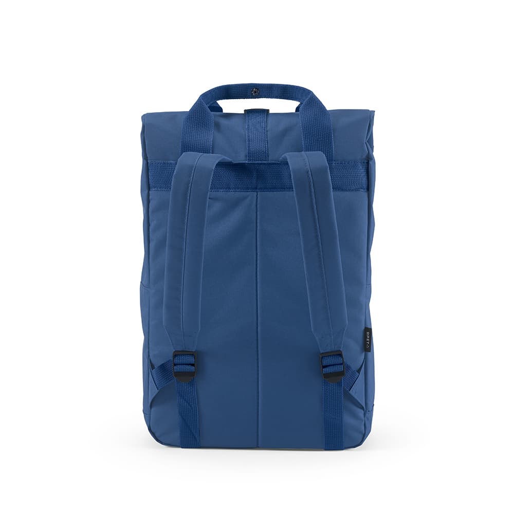 A blue Warsaw Backpack with a roll top, buckle closure, and shoulder straps. It features a branding logo.