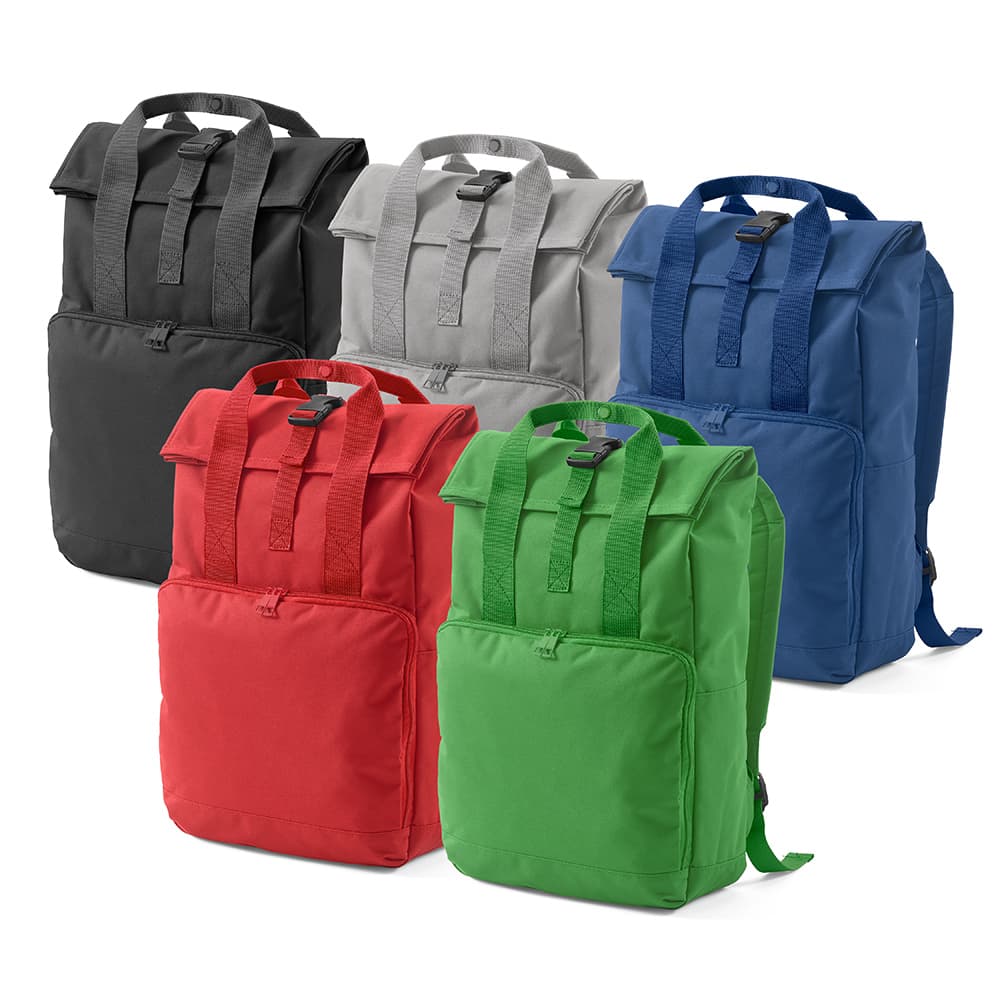 A collection of Warsaw backpacks in black, grey, red, blue, and green, featuring a roll top and buckle closure.