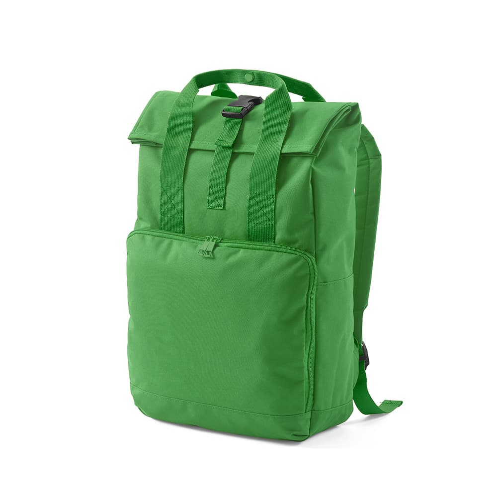 A green backpack featuring a roll top, buckle closure, and a front zip pocket, with shoulder straps and carrying handles.