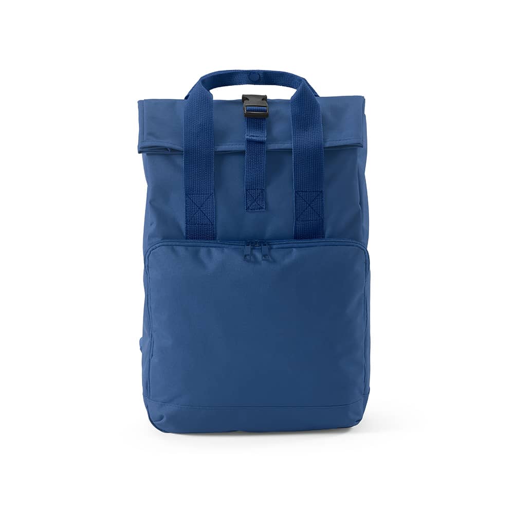 A blue backpack featuring a roll top and buckle closure, with two shoulder straps and a front zip pocket.