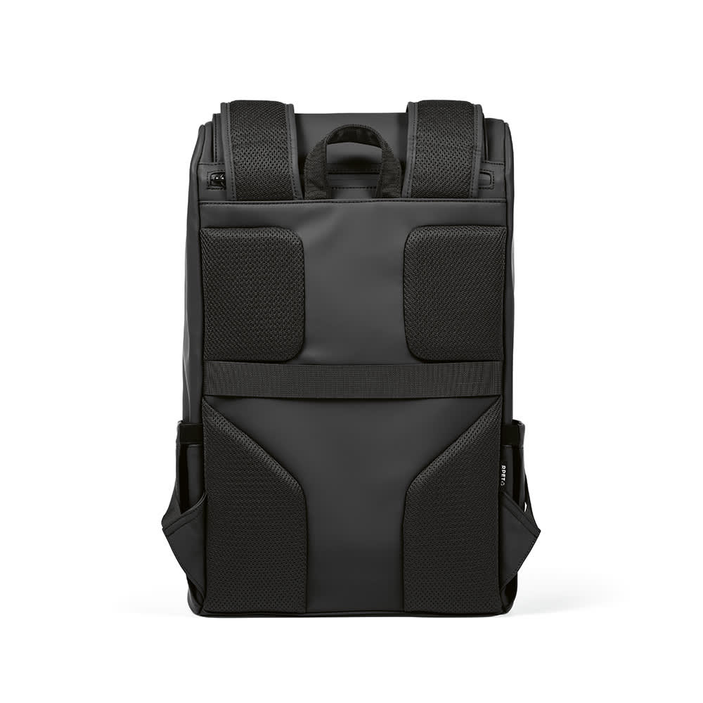 A black Lisbon Backpack 20L rPU with padded back and straps, featuring side pockets and a logo.