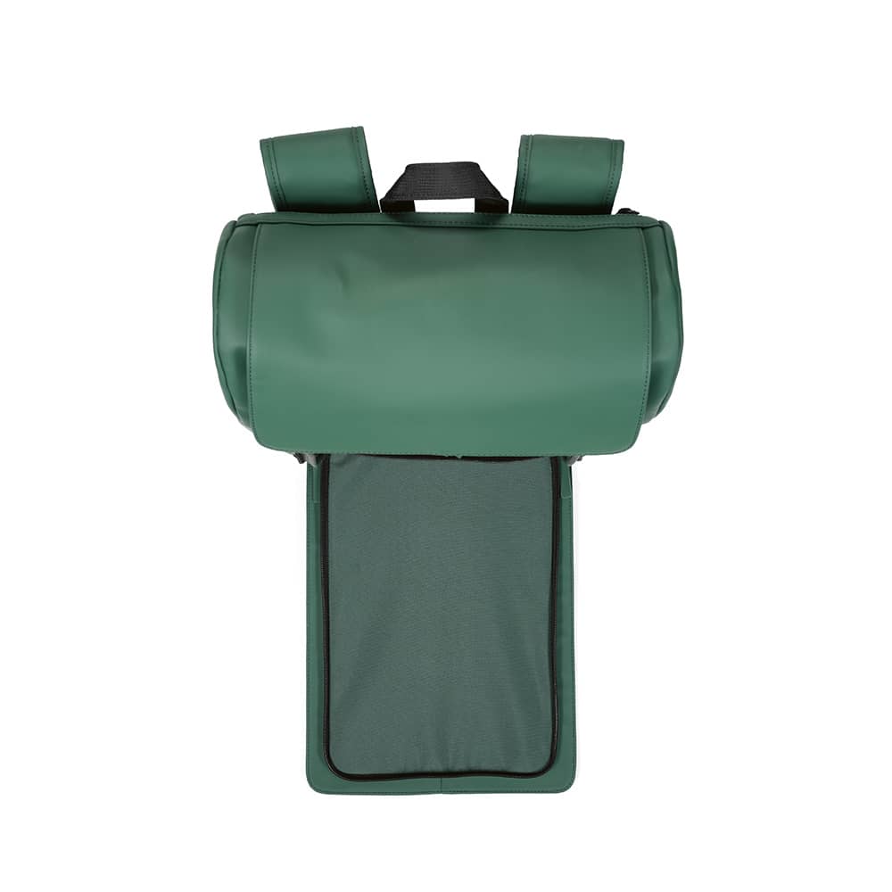 A green Lisbon Backpack with a roll-top design and padded compartment for a 15.6" laptop. Features a logo.