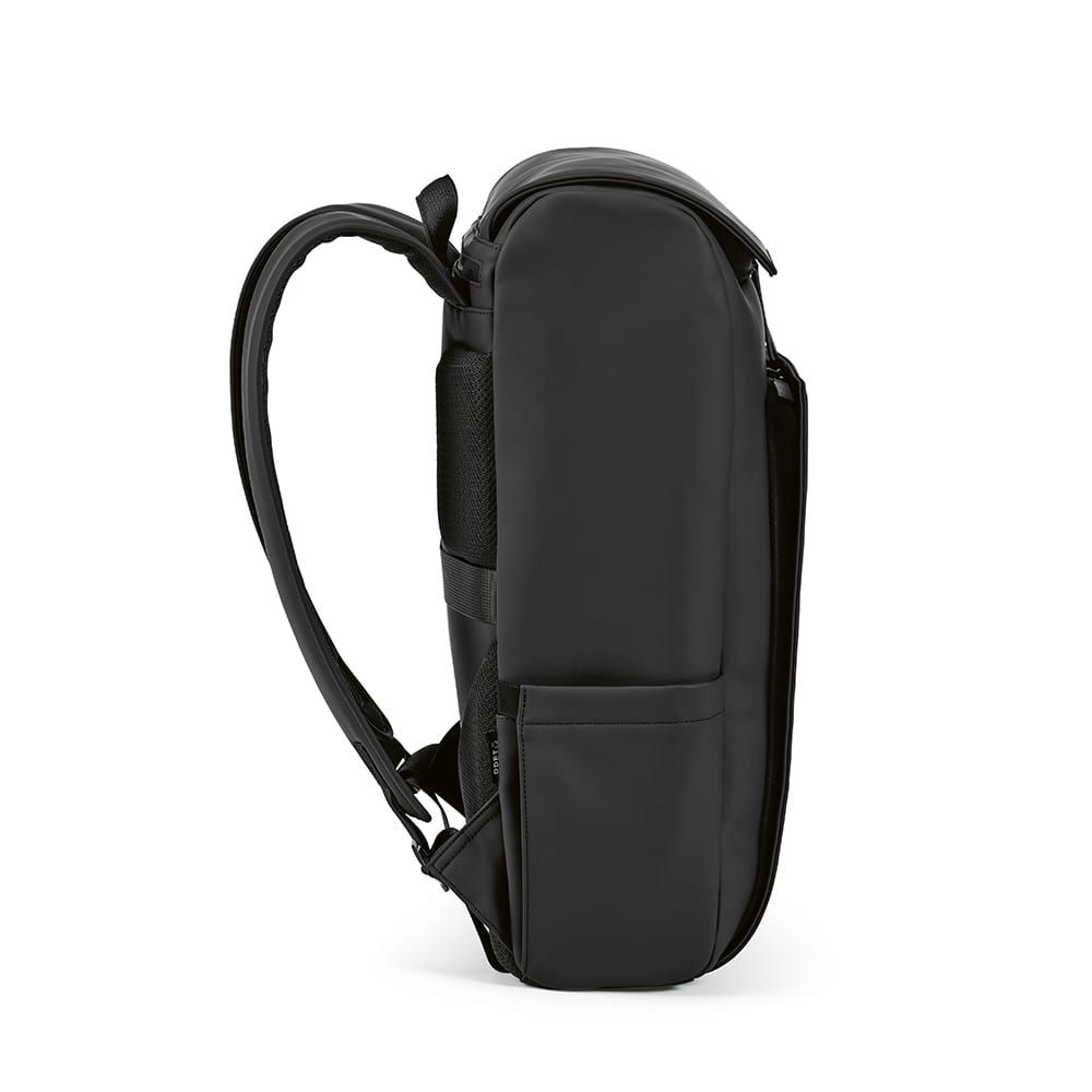 A black backpack with a sleek design, featuring a side pocket and padded straps for comfort.