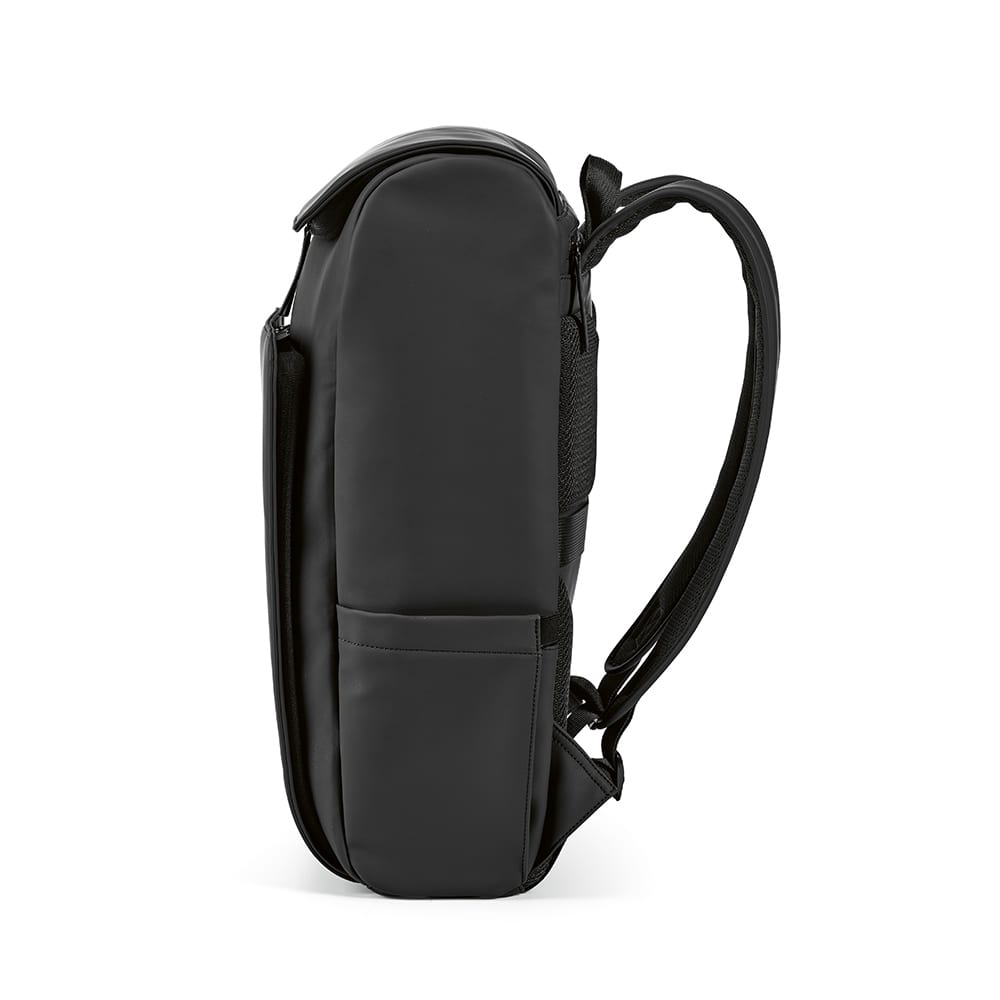 A sleek black backpack featuring a side pocket and padded straps, designed to fit a 15.6" laptop.