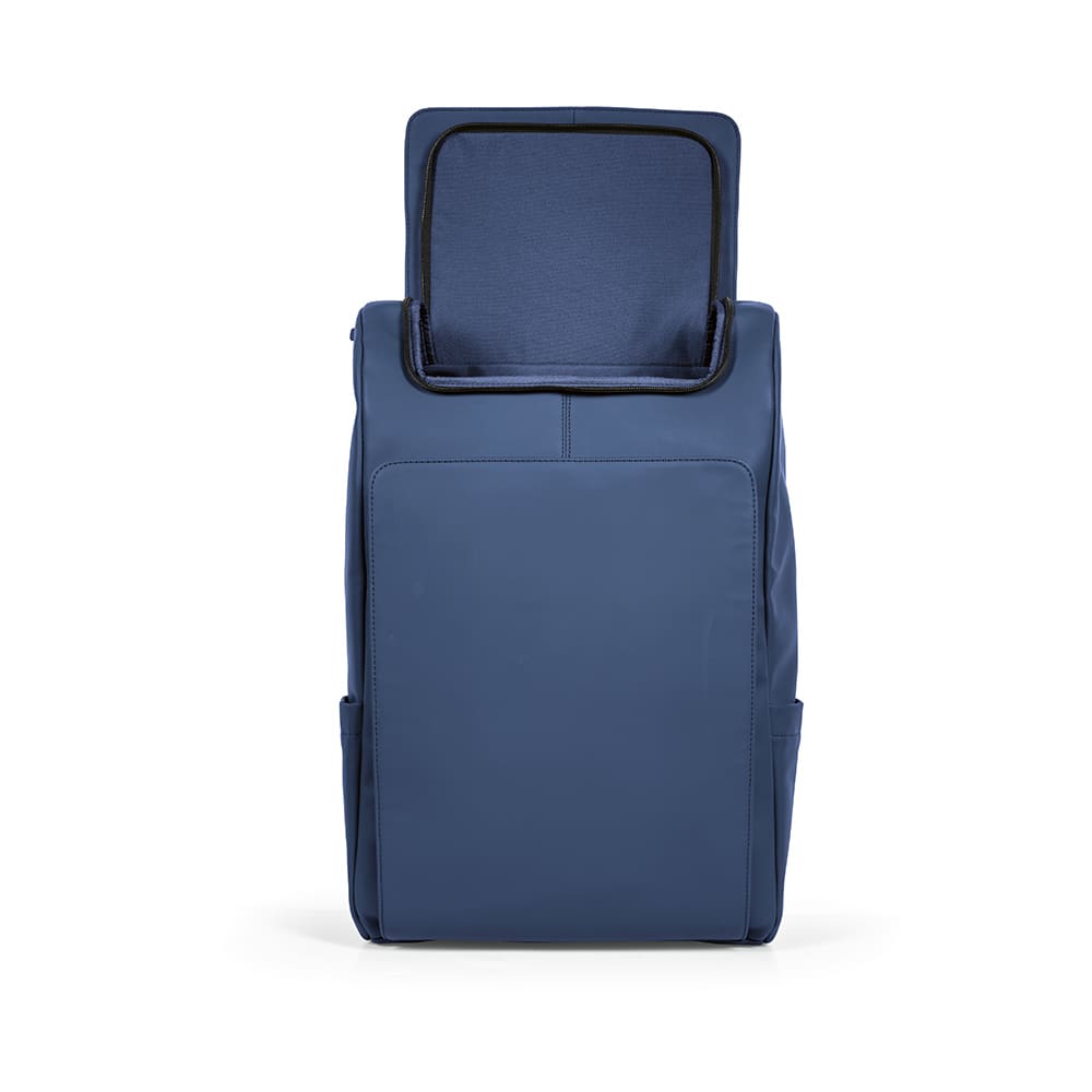 A blue backpack with a large open top and front pocket. It has a logo on the front. Suitable for a 15.6" laptop.
