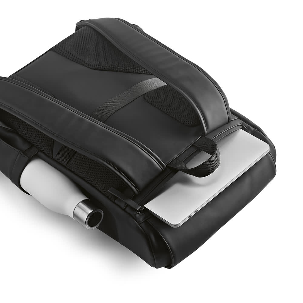 A black Lisbon Backpack with a compartment for a 15.6" laptop and a drink bottle attached. Features a sleek design.