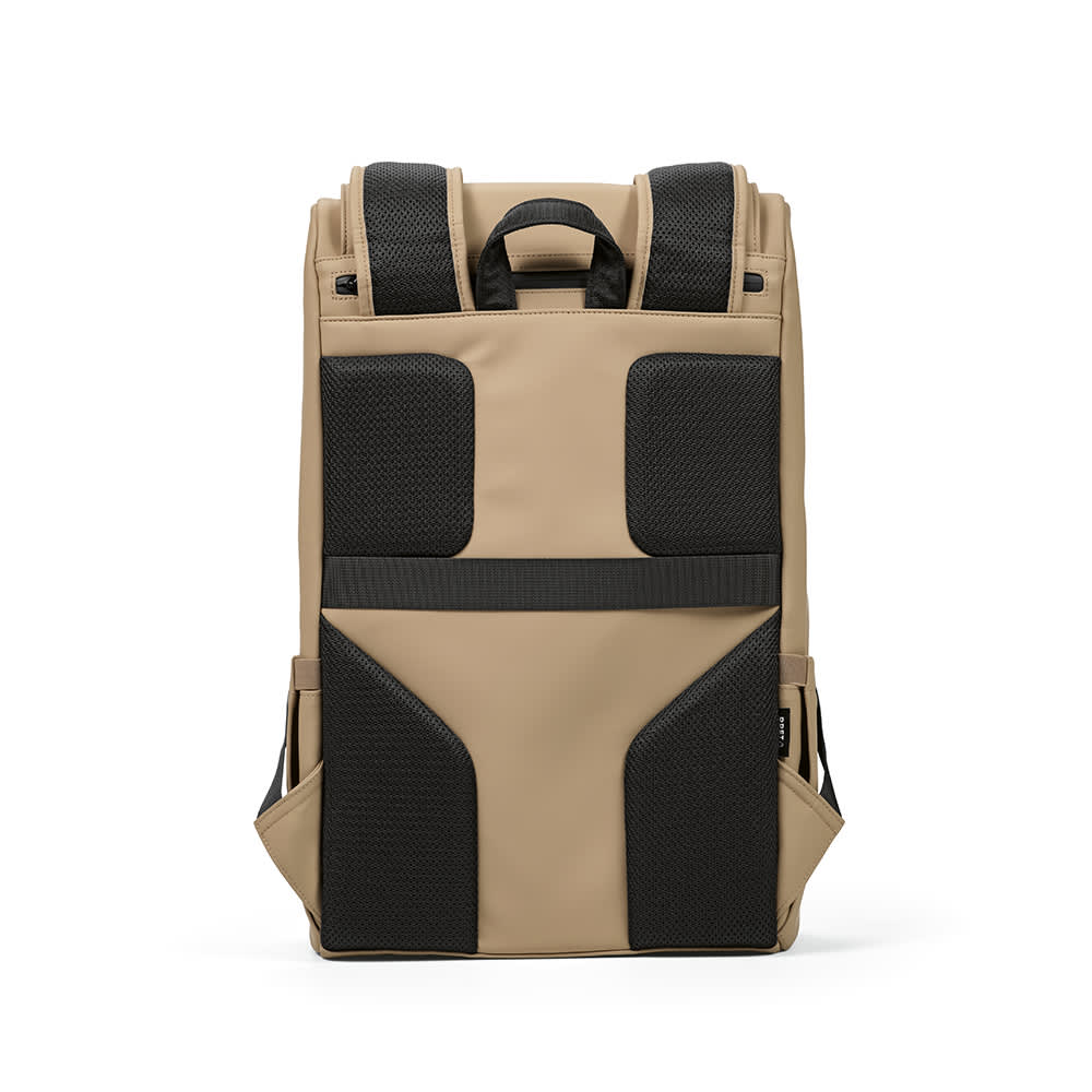 A tan and black backpack with padded shoulder straps and various compartments, suitable for a 15.6" laptop, features a logo.