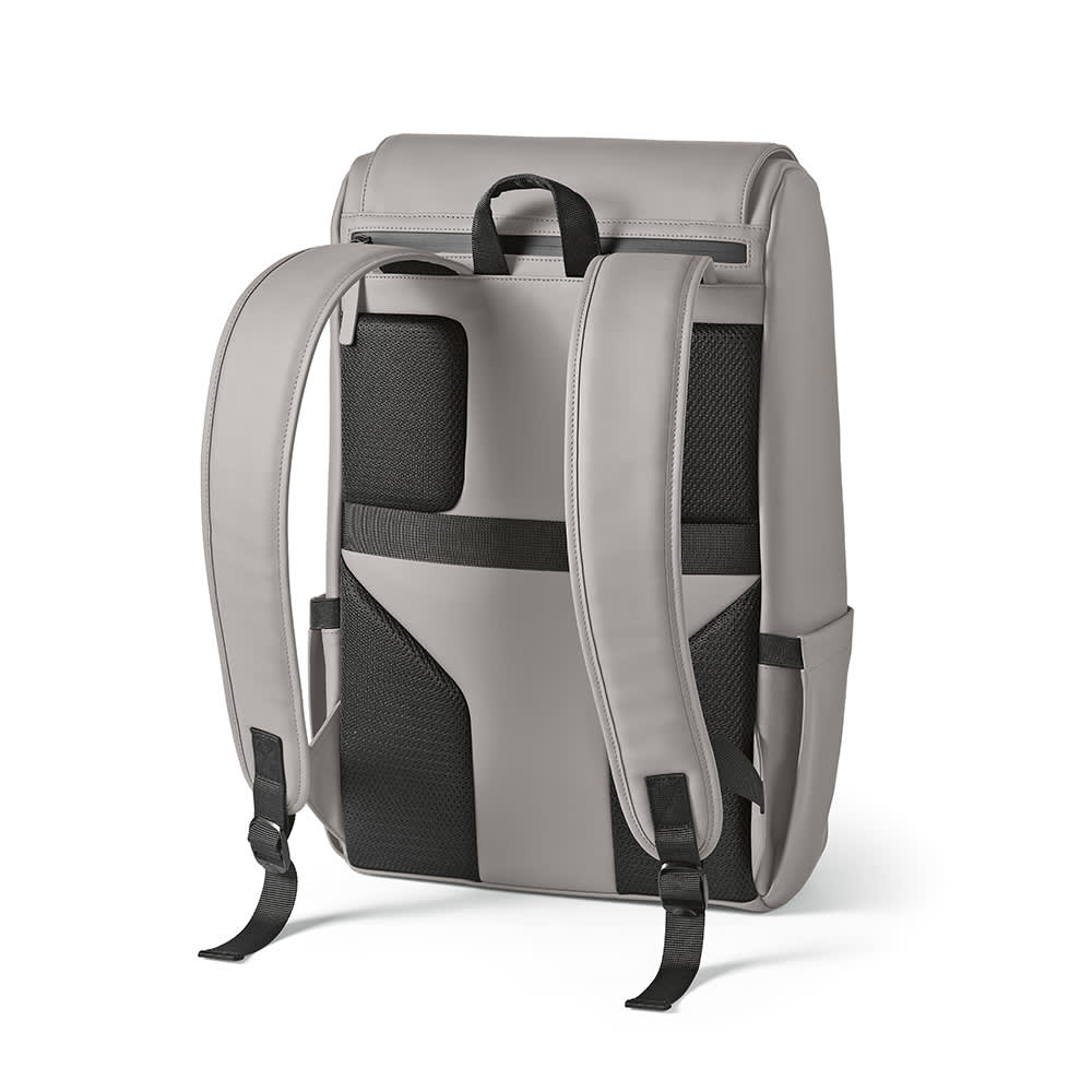 A grey backpack with black accents, featuring padded shoulder straps and a sleek design. It has a logo on the front.