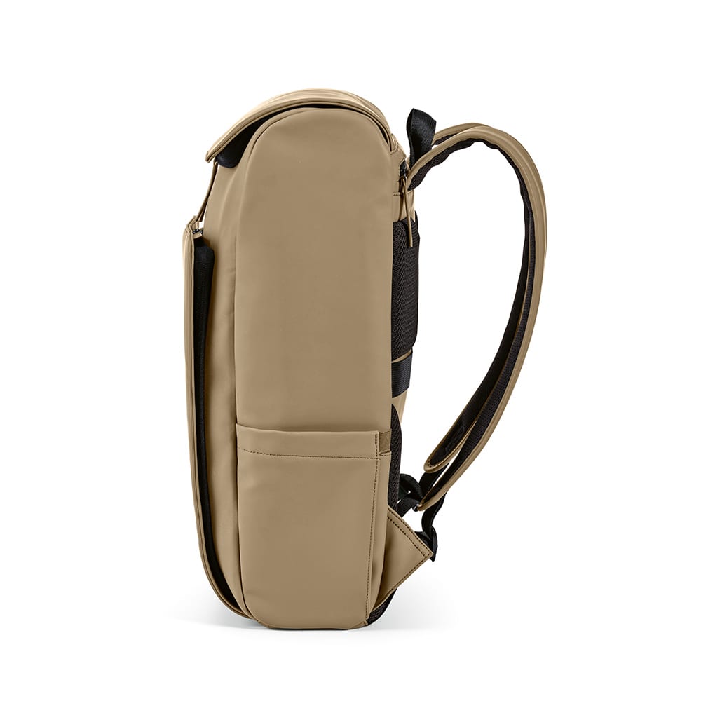 A tan backpack with padded straps and side pockets, designed to fit a 15.6" laptop. Features a logo.