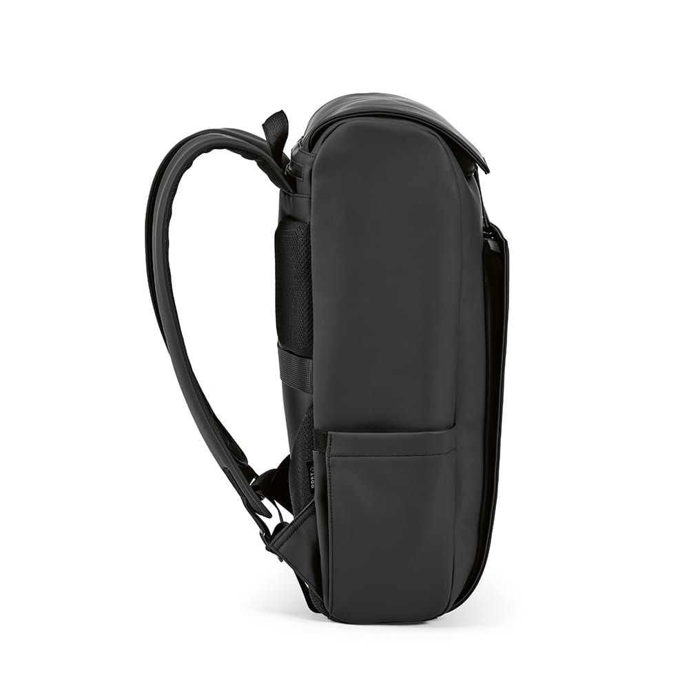 A black backpack with a sleek design, featuring a side pocket and adjustable straps for comfort.