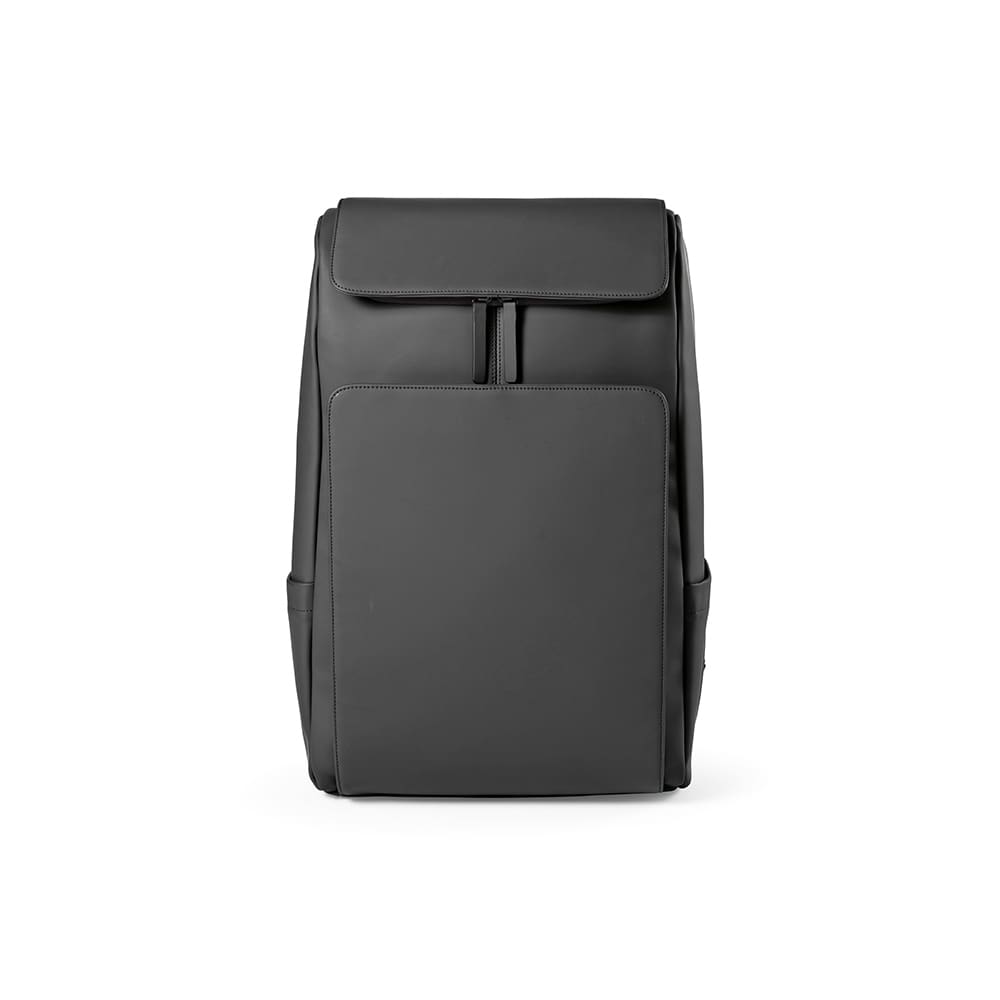 A black backpack designed to fit a 15.6" laptop, featuring a sleek exterior with a front pocket and side pouches.