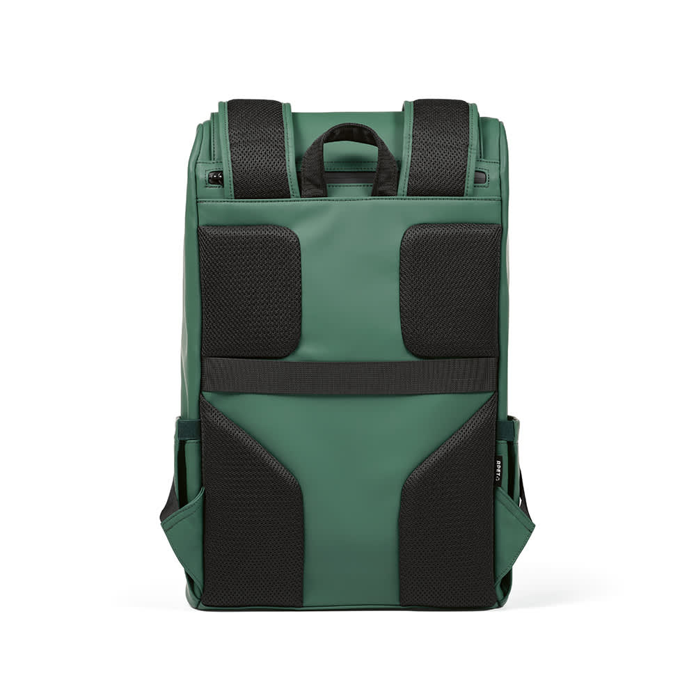 A green backpack with black accents, featuring padded straps and multiple pockets, suitable for a 15.6" laptop.