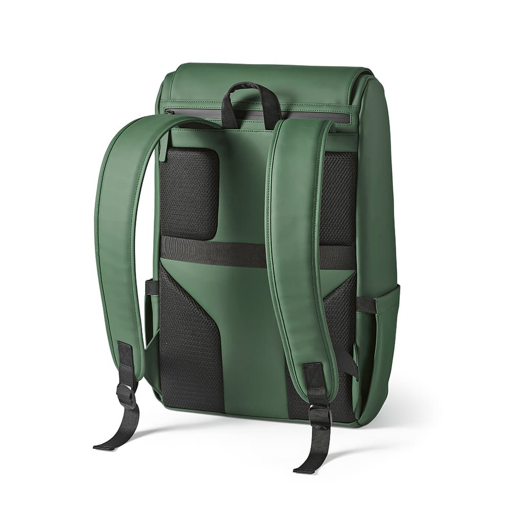 A green backpack with padded straps and a sleek design, featuring a logo on the front. Suitable for a 15.6" laptop.