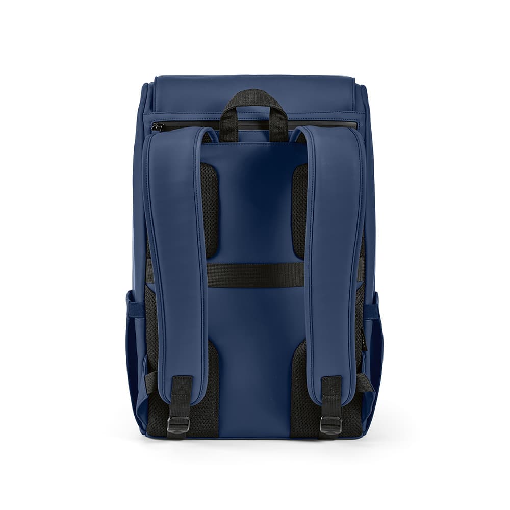 A blue Lisbon Backpack with padded shoulder straps, suitable for a 15.6" laptop, featuring a logo.