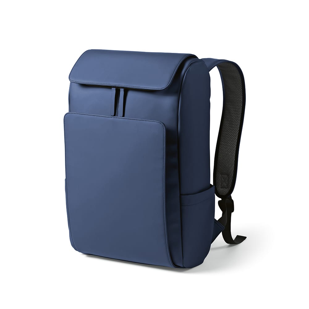 A blue backpack with a sleek design, featuring a front pocket and padded shoulder straps. It has a logo on it.