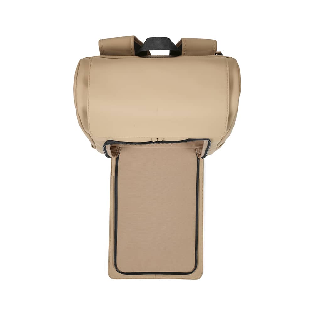 A tan backpack with a large opening, featuring a padded compartment for a 15.6" laptop and a logo.