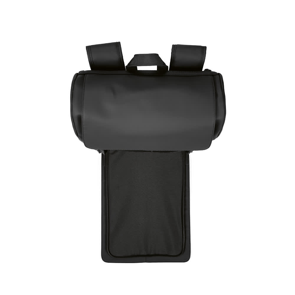 A black backpack with a roll-top design and a spacious main compartment. Features adjustable straps and a logo.