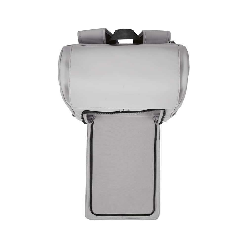 A grey backpack with a top opening and a padded compartment for a 15.6" laptop. It features adjustable straps and a logo.