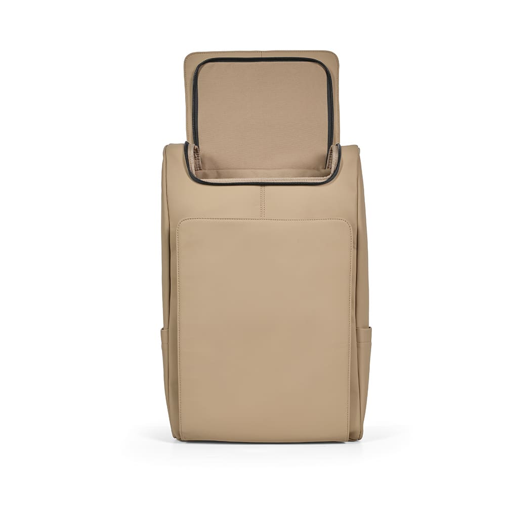 A beige Lisbon backpack with an open top, featuring a smooth finish and one visible logo. Suitable for a 15.6" laptop.