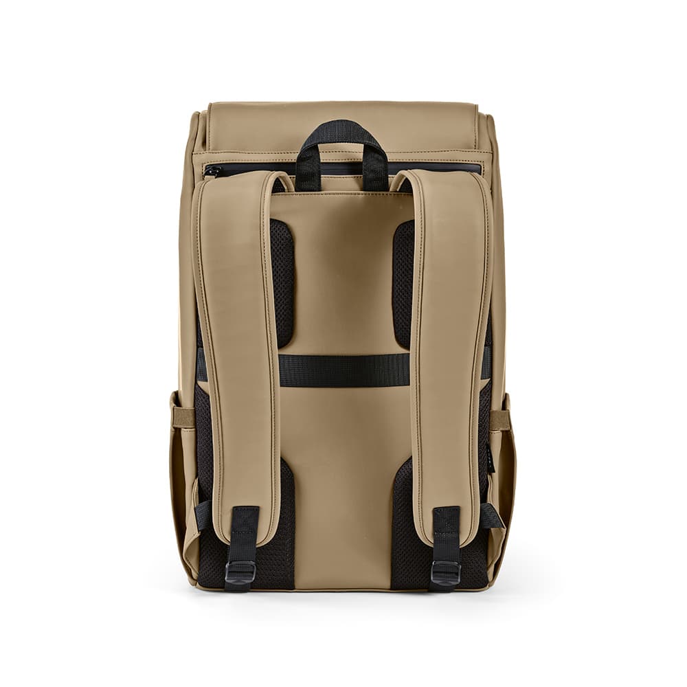 A beige backpack featuring padded shoulder straps and a sleek design, suited for a 15.6" laptop. It has a logo.