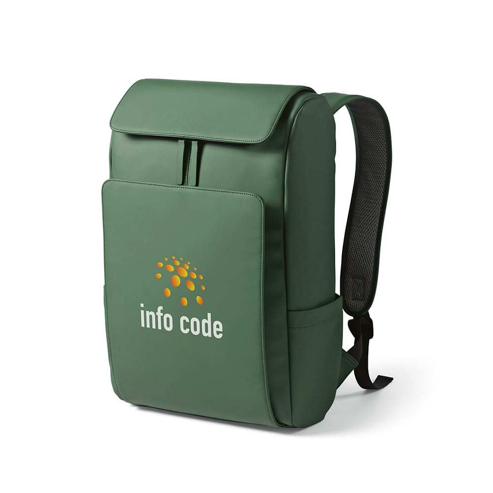 A green Lisbon Backpack with a spacious compartment, designed to fit a 15.6" laptop, featuring a logo on the front.