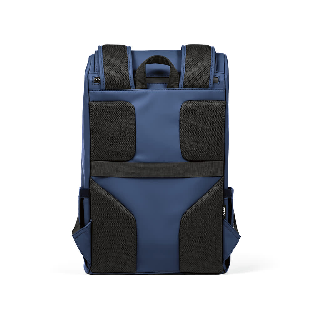 A blue backpack with black accents, featuring padded straps and compartments for storage. Includes a logo.