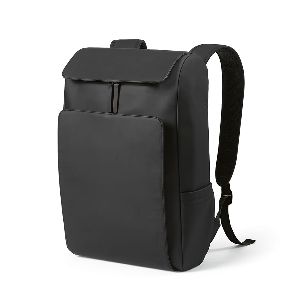 A sleek black backpack featuring a zippered top, front pocket, and adjustable straps, suitable for a 15.6" laptop.