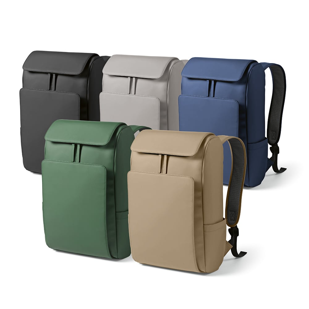A collection of five Lisbon backpacks in black, grey, blue, green, and beige, featuring a front pocket and padded straps.