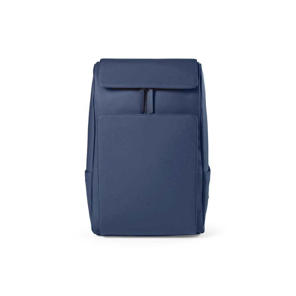 A navy blue backpack designed to hold a 15.6" laptop, featuring a front pocket and a top flap.