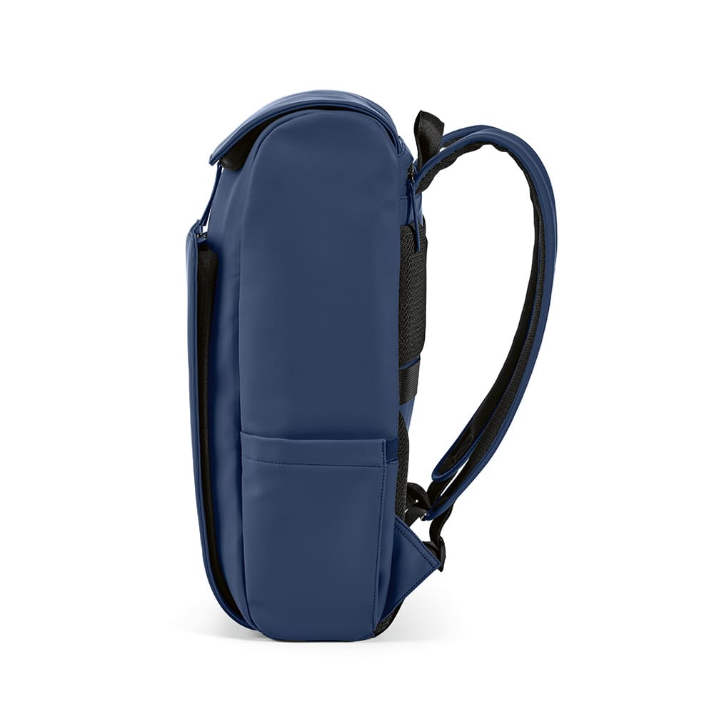 A blue backpack with a side pocket and padded straps, designed to fit a 15.6" laptop. Features a logo.