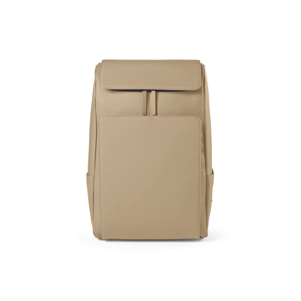 A beige backpack designed for a 15.6" laptop, featuring a front pocket and side compartments. It has a logo.