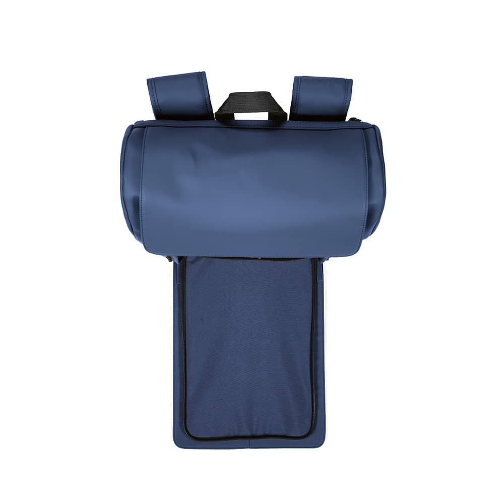 A navy blue backpack with a roll-top closure and a compartment for a 15.6" laptop. It features a logo.
