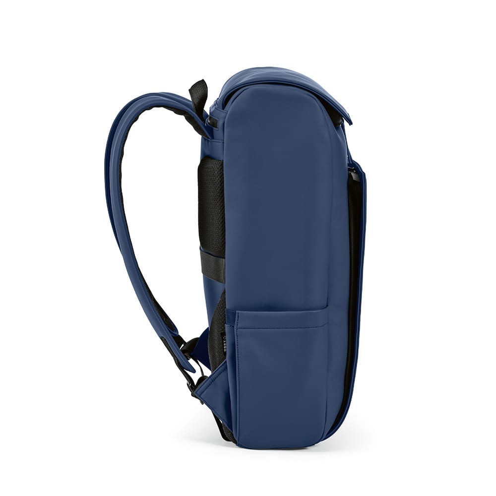 A navy blue backpack with padded straps, featuring a side pocket and a sleek design for carrying a laptop.