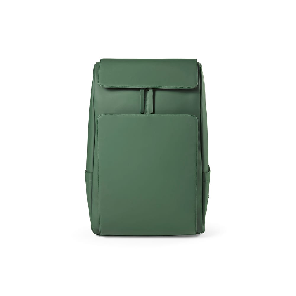 A green backpack featuring a large front zipper pocket and side pockets, designed to fit a 15.6" laptop. It has a logo.