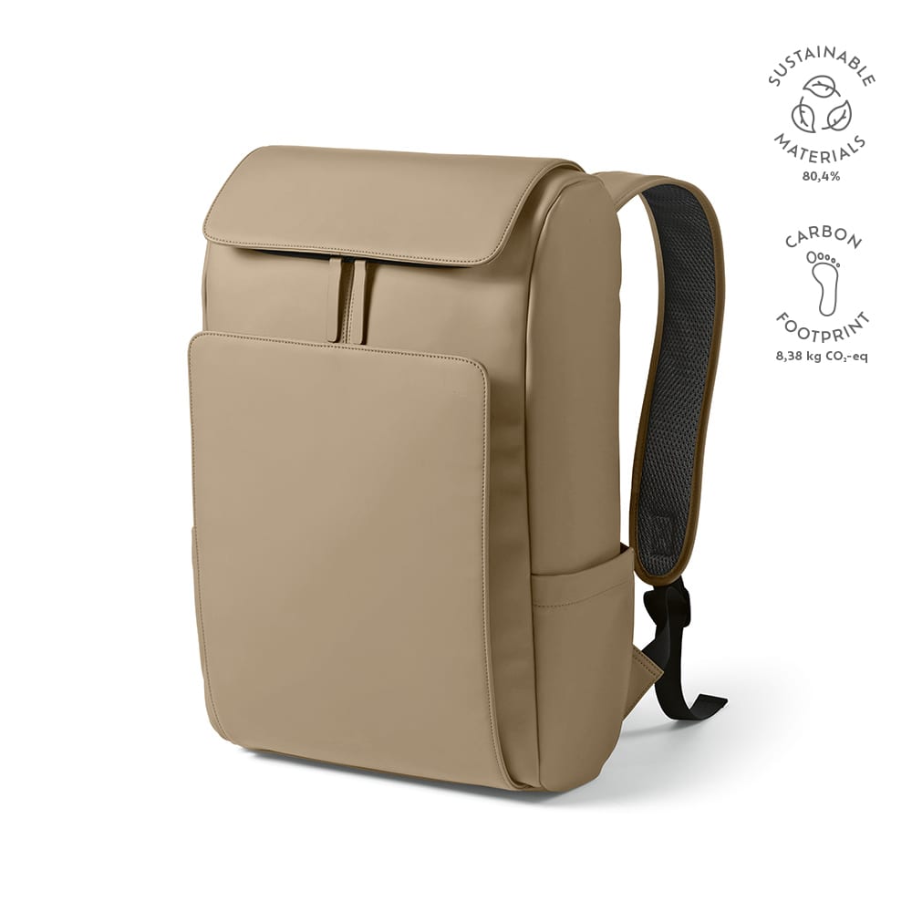 A beige backpack with a front pocket, designed to fit a 15.6" laptop, featuring a logo and sustainable materials.