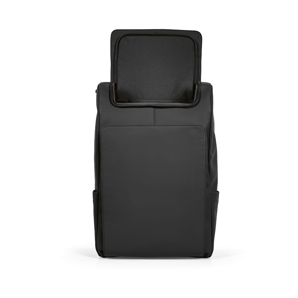 A black backpack with a top opening, featuring a spacious main compartment and side pockets. It has a logo on the front.