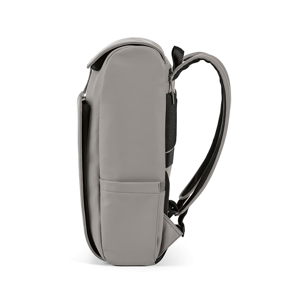 A grey Lisbon Backpack, designed to hold a 15.6" laptop, featuring a side pocket and adjustable straps.