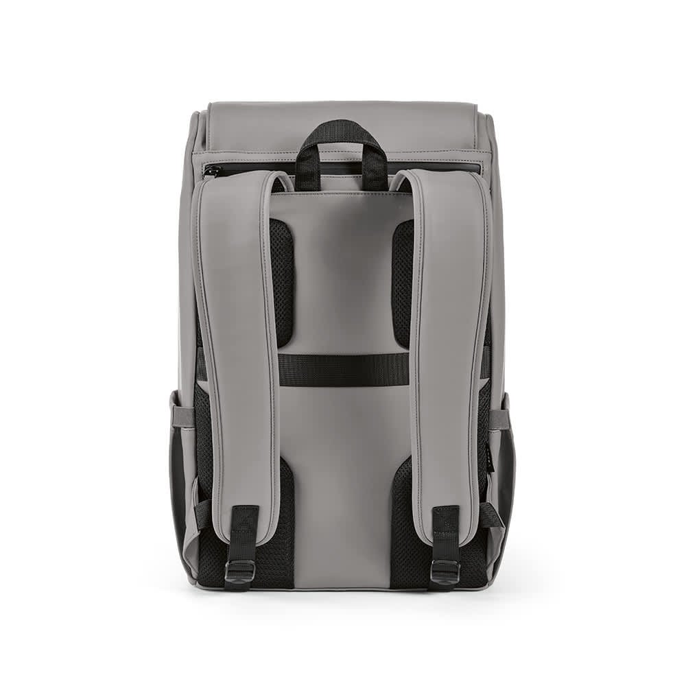 A grey backpack with black accents, featuring padded shoulder straps and a large main compartment. It has a logo.