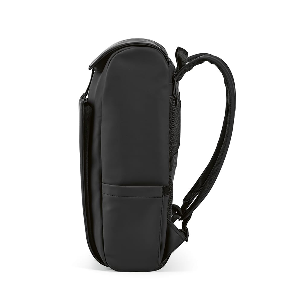 A black backpack with a sleek design and adjustable straps, featuring a side pocket and branding.